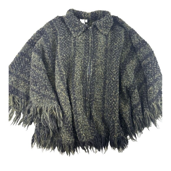 Branigan Weavers Wool Cape Poncho Sweater Full Zip Green Black Striped One Size - Picture 13 of 13